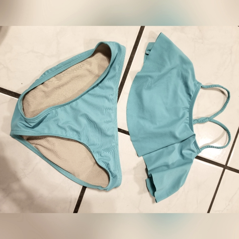 Girls 10-12 cute aqua bikini with ruffle